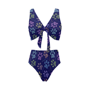 Dog Paws Pattern Print Design 02 Chest Bowknot High Waisted Bikini Swimsuit