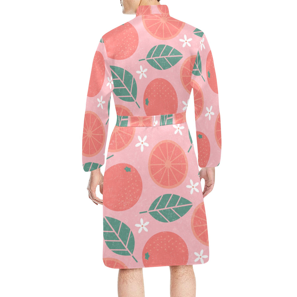 Grapefruit leaves flower pink background Men's Long Sleeve Belted Night Robe