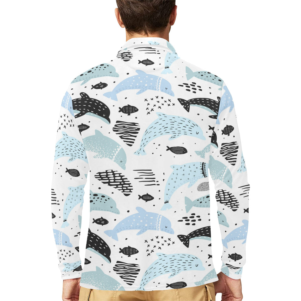 Cute dolphins Childish Style pattern Men's Long Sleeve Polo Shirt