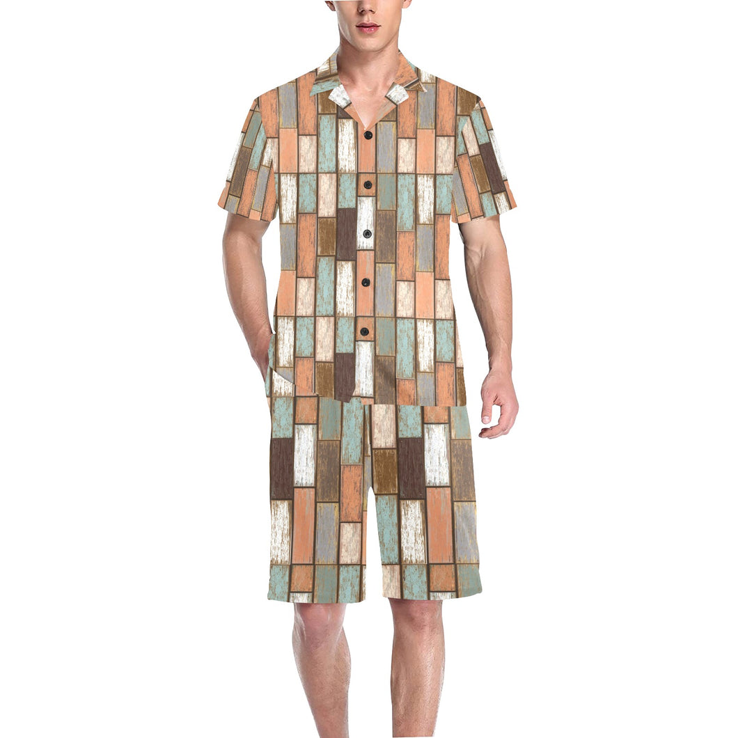 Wood Printed Pattern Print Design 02 Men's V-Neck Short Pajama Set