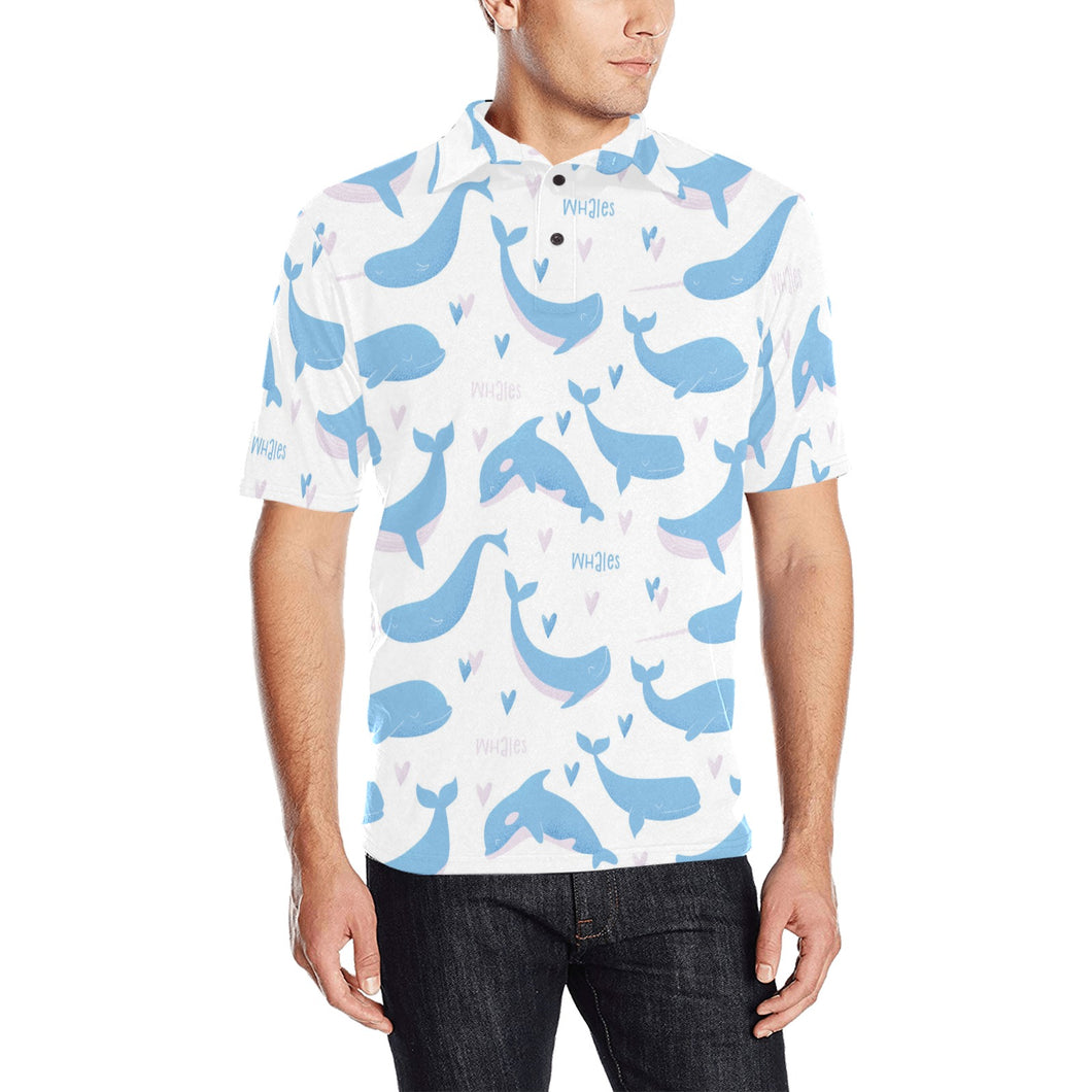 Blue whale pattern Men's All Over Print Polo Shirt