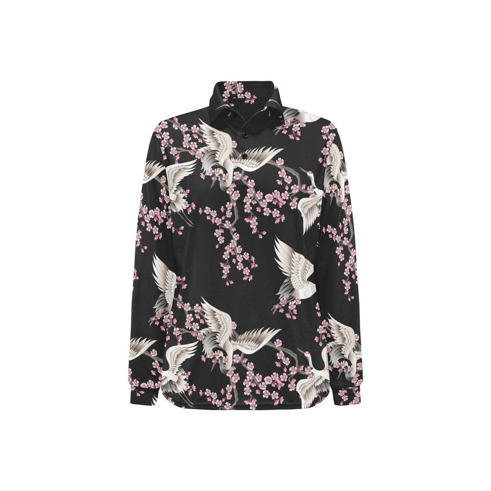 Japanese crane pink sakura pattern Women's Long Sleeve Polo Shirt