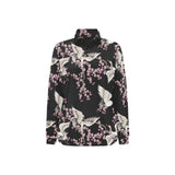 Japanese crane pink sakura pattern Women's Long Sleeve Polo Shirt