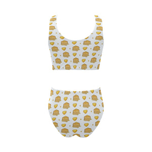 Pancake Pattern Print Design 03 Chest Bowknot High Waisted Bikini Swimsuit
