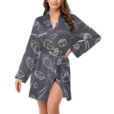 sushi pattern black background Women's Long Sleeve Belted Night Robe