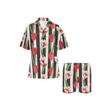 red and white tulips pattern Women's V-Neck Short Pajama Set