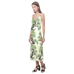 Bonsai pattern V-Neck Open Fork Long Dress
