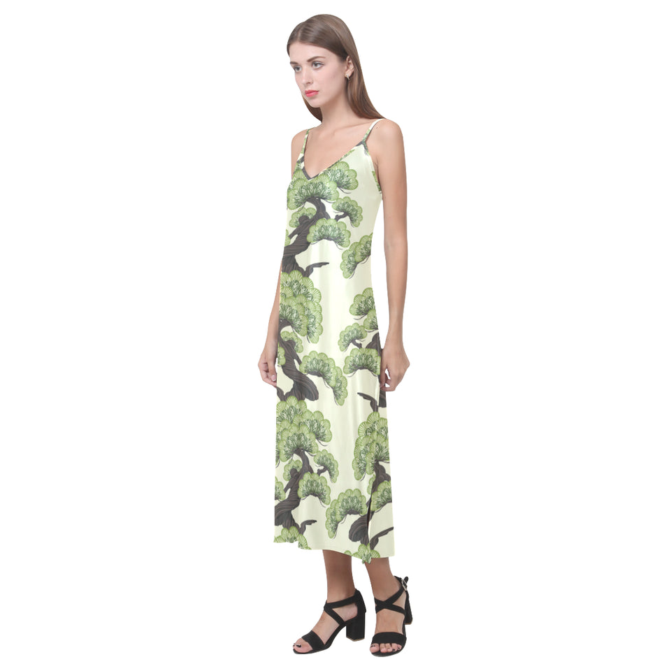 Bonsai pattern V-Neck Open Fork Long Dress