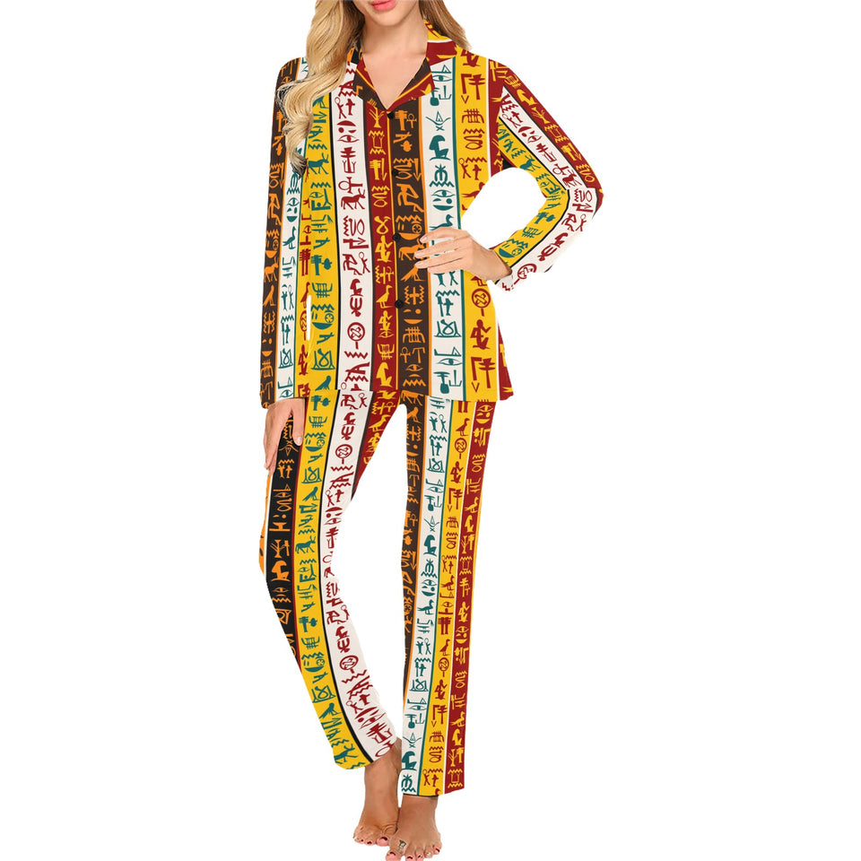 Egypt Hieroglyphics Pattern Print Design 01 Women's Long Pajama Set