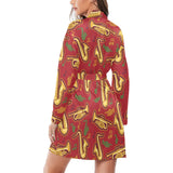 Saxophone cornet pattern red background Women's Long Sleeve Belted Night Robe