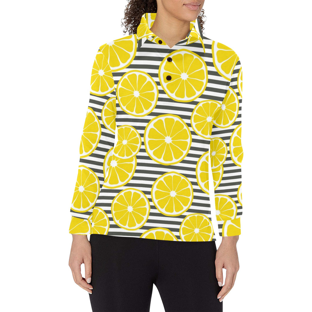 slice of lemon design pattern Women's Long Sleeve Polo Shirt