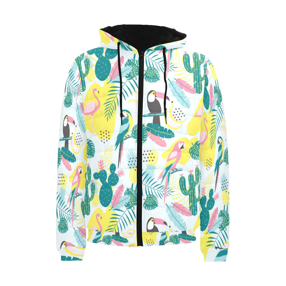 Cute parrot toucan flamingo cactus exotic leaves p Men's Padded Hooded Jacket