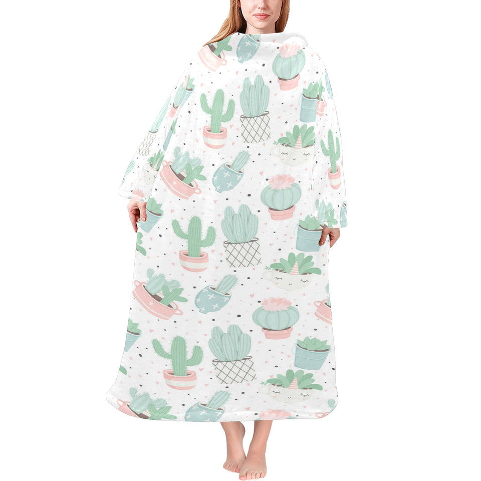 Pastel color cactus pattern Blanket Robe with Sleeves