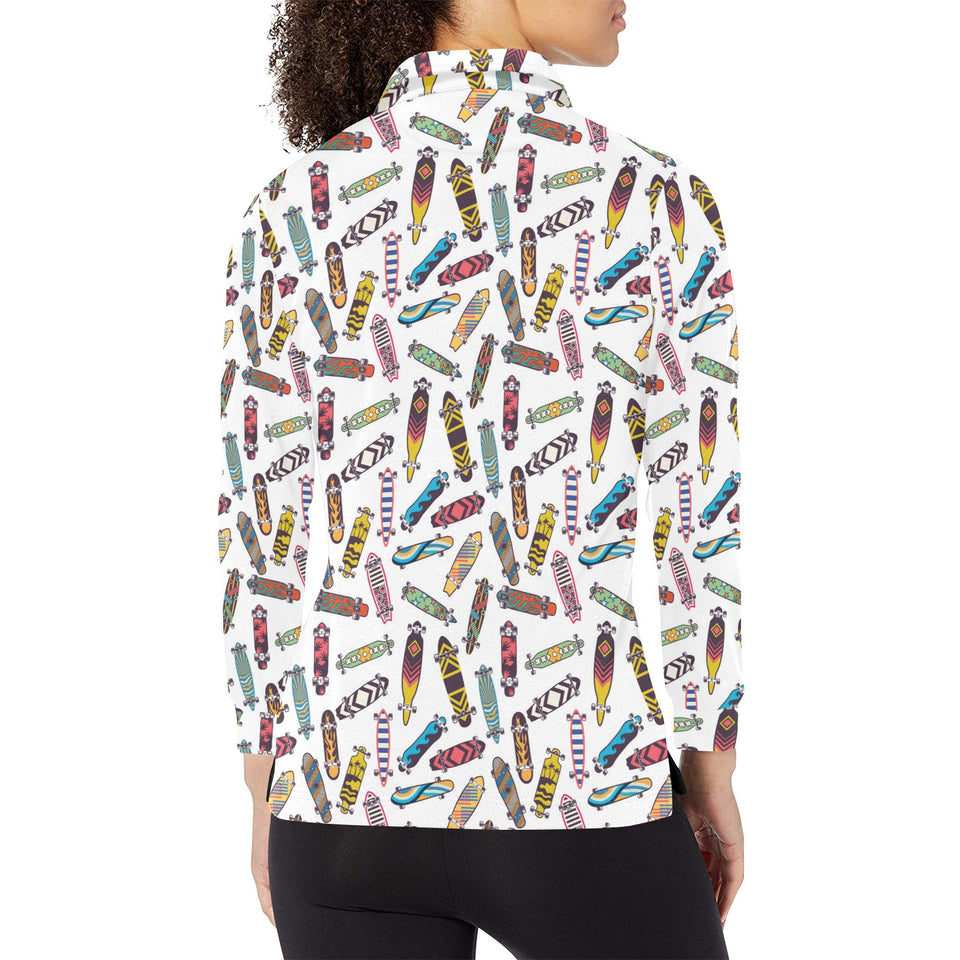 Skate Board Pattern Print Design 05 Women's Long Sleeve Polo Shirt