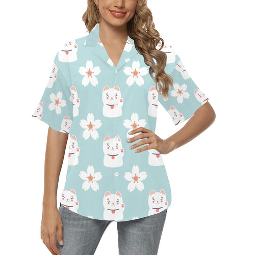 Maneki neko cat sakura Women's All Over Print Hawaiian Shirt