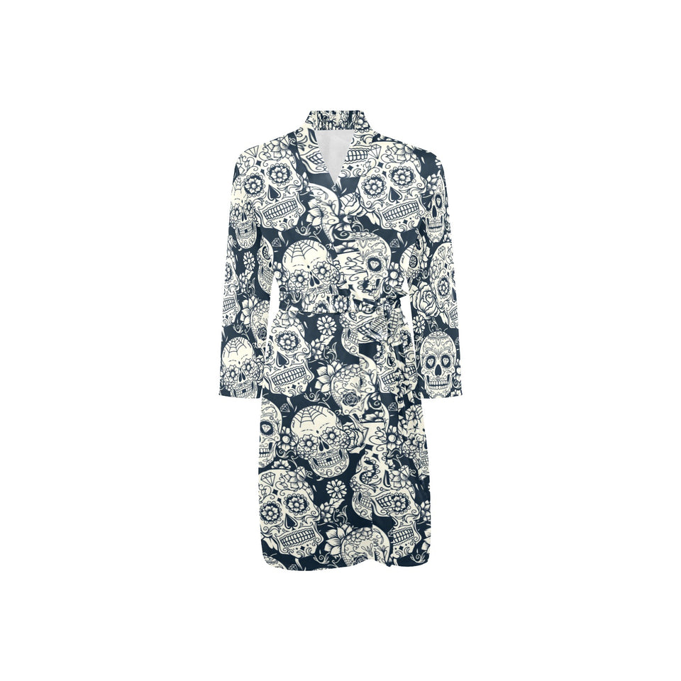 Sugar skull black white pattern Men's Long Sleeve Belted Night Robe