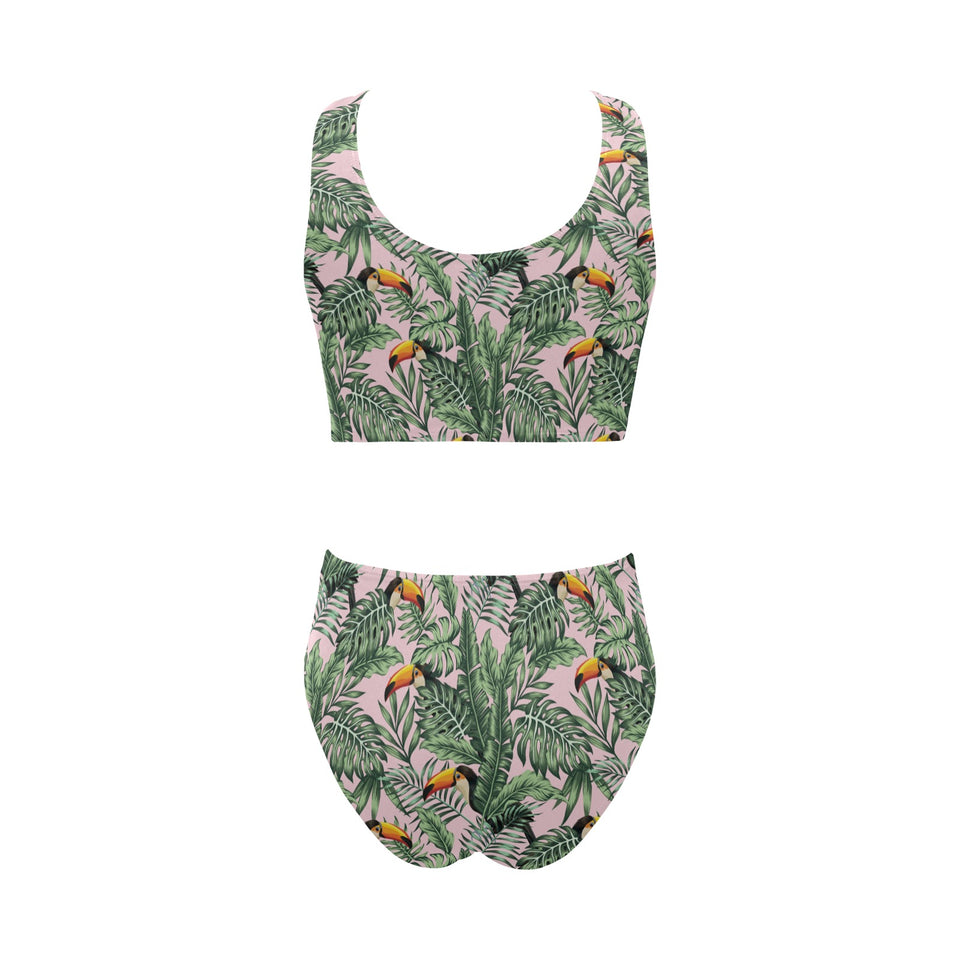 Toucan tropical green jungle palm pattern Chest Bowknot High Waisted Bikini Swimsuit