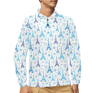 Blue Eiffel Tower Theme Pattern Print Design 01 Men's Long Sleeve Polo Shirt