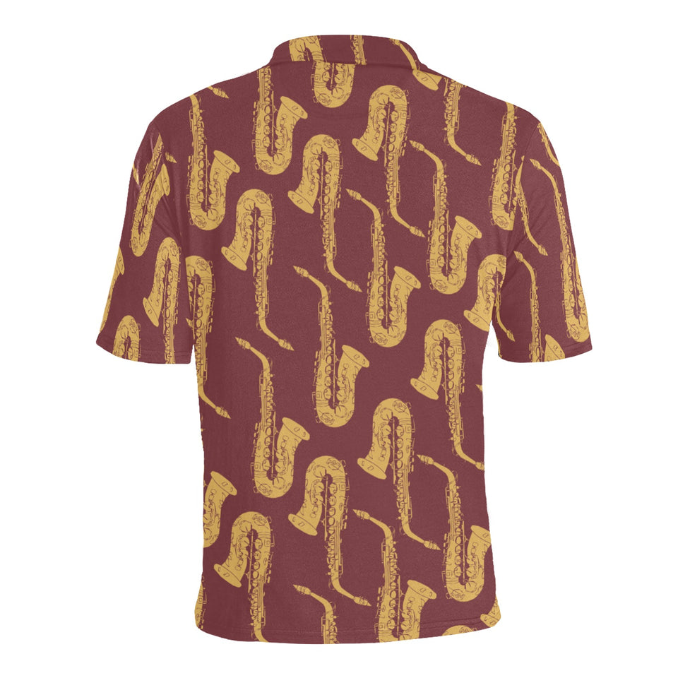 Hand drawn gold saxophone red background Men's All Over Print Polo Shirt