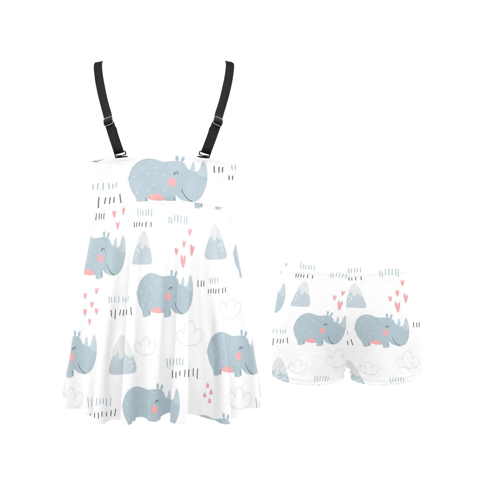 cute rhino heart pattern Chest Sexy Pleated Two Piece Swim Dress