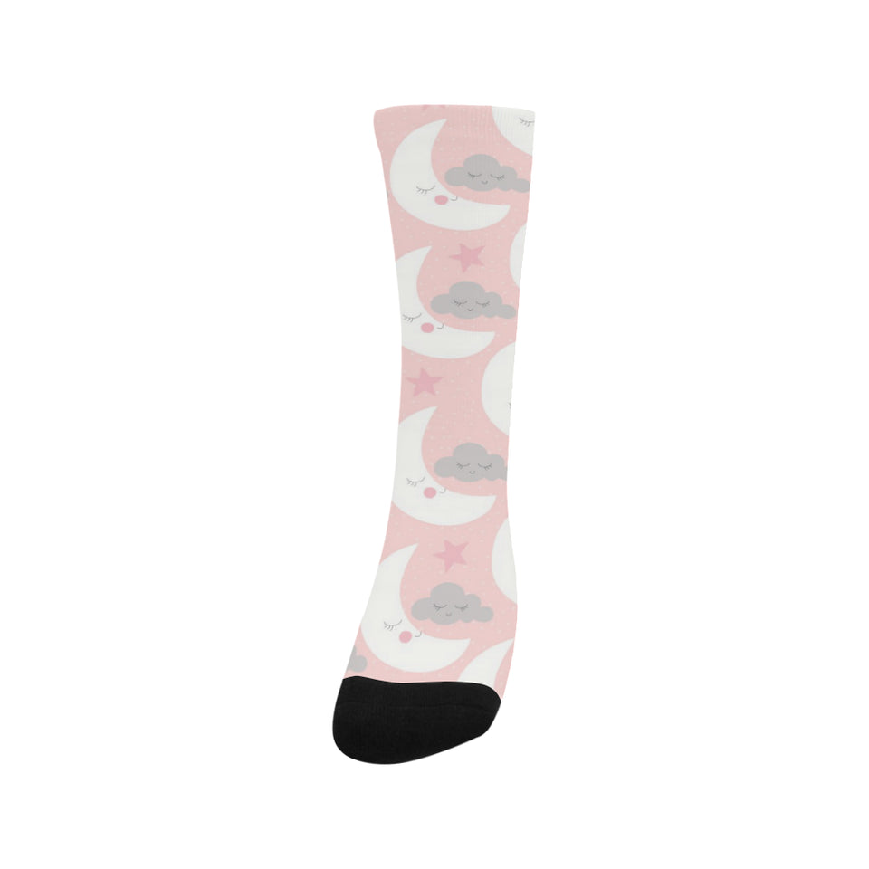 Cute moon cloud star pattern pink dot background Crew Socks