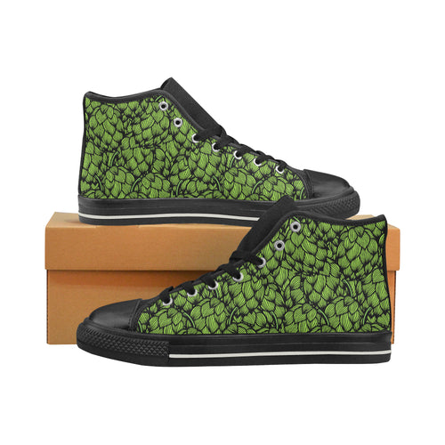 Green hop pattern Women's High Top Canvas Shoes Black