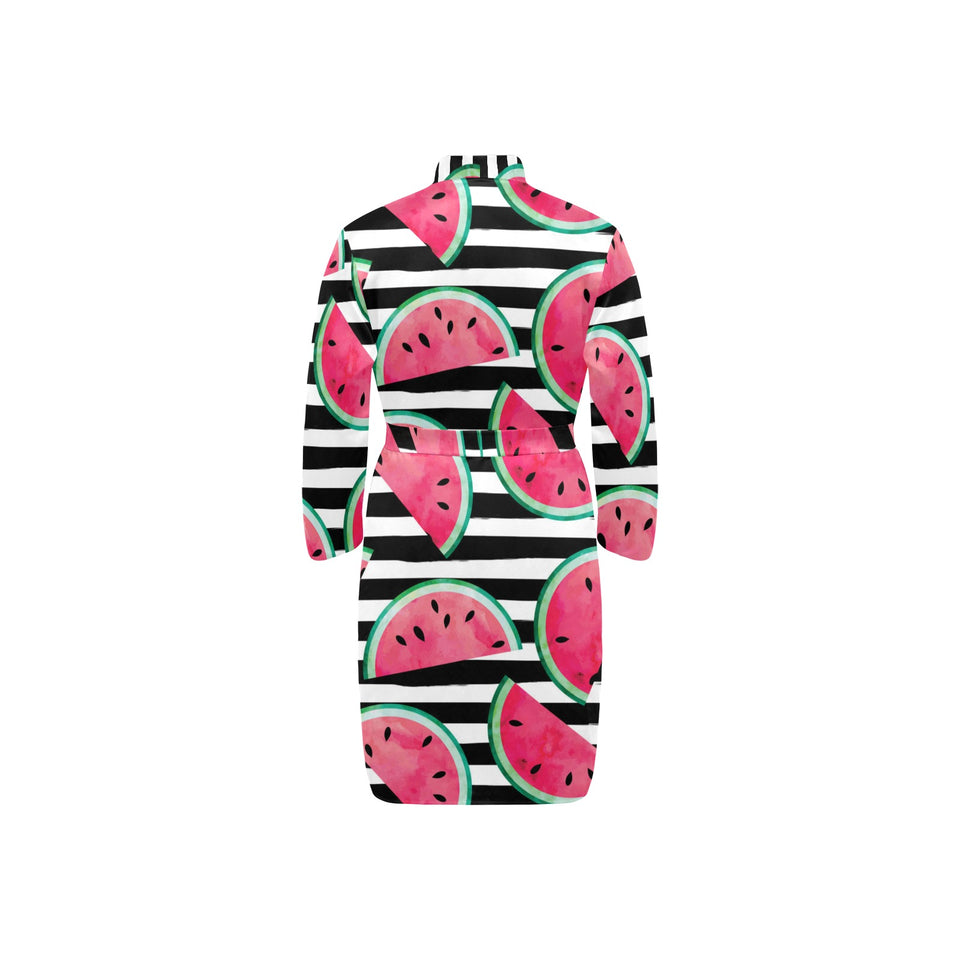 Watercolor paint textured watermelon pieces Men's Long Sleeve Belted Night Robe
