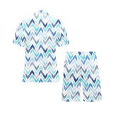 zigzag chevron blue pattern Men's V-Neck Short Pajama Set