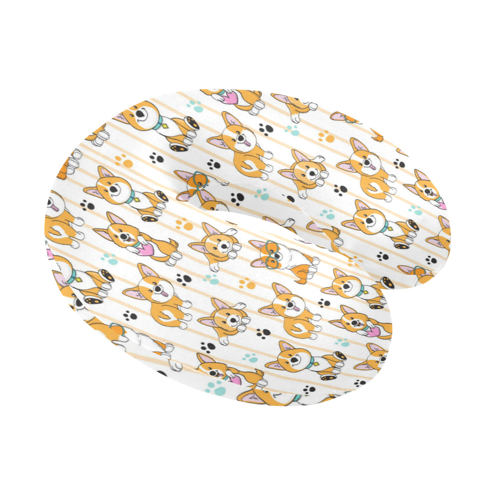 Cute dog corgi striped background pattern U-Shaped Travel Neck Pillow