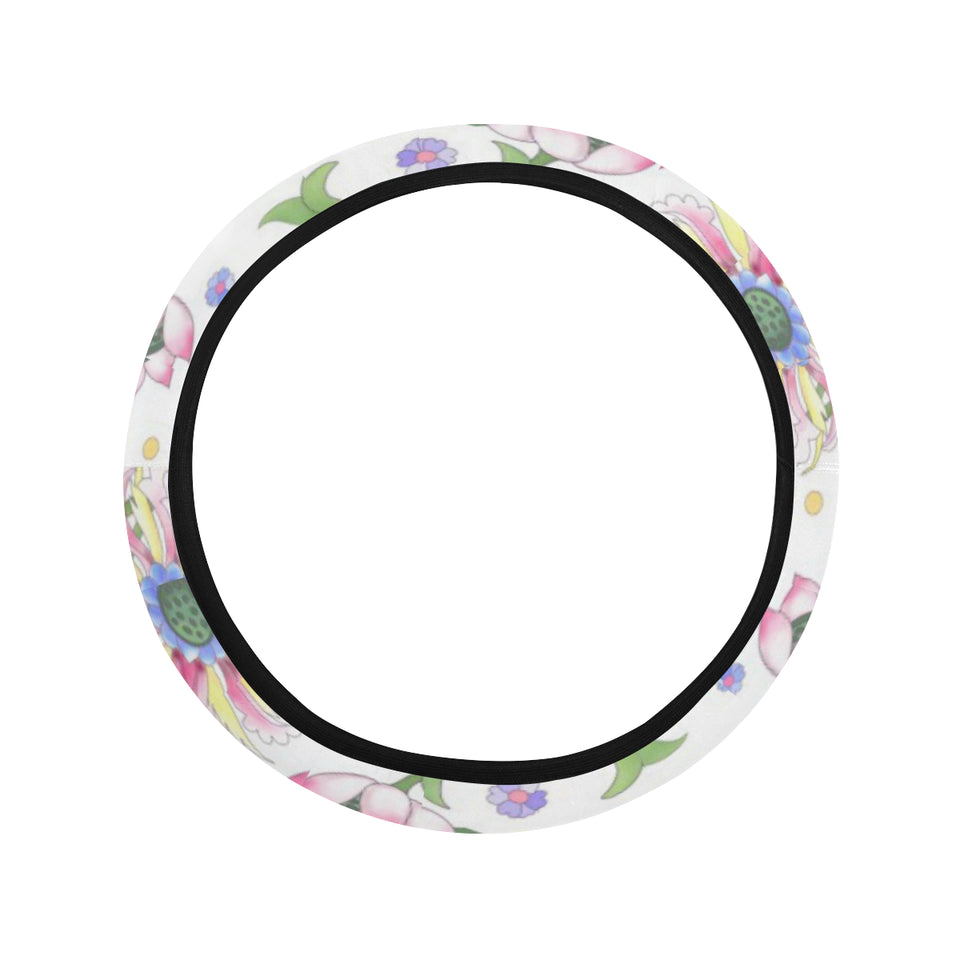 Beautiful pink lotus waterlily leaves pattern Car Steering Wheel Cover