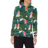 Parrot Palm tree leaves flower hibiscus pattern Women's Long Sleeve Polo Shirt