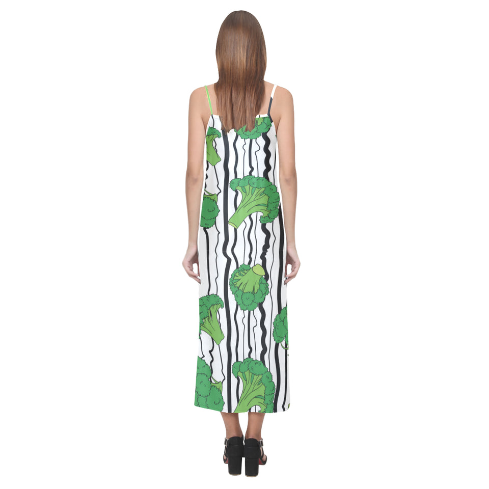Cool Broccoli pattern V-Neck Open Fork Long Dress
