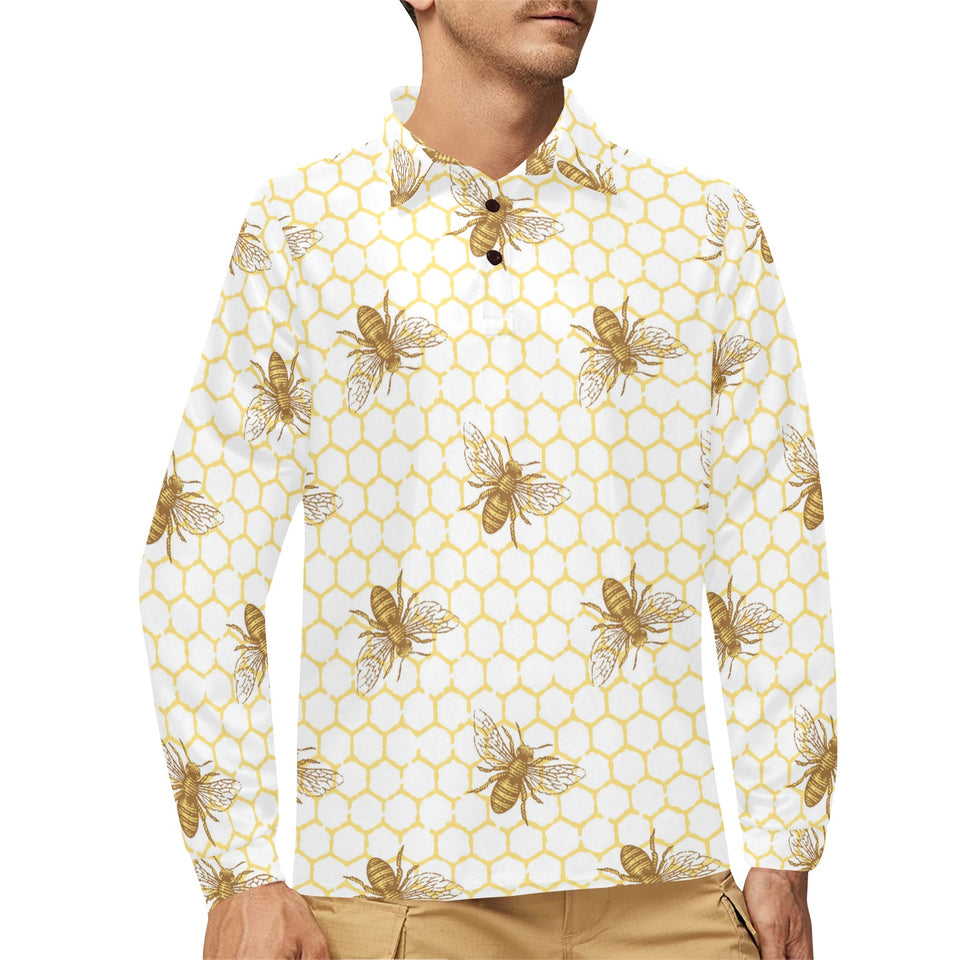 Bee honeycomb seamless design pattern Men's Long Sleeve Polo Shirt