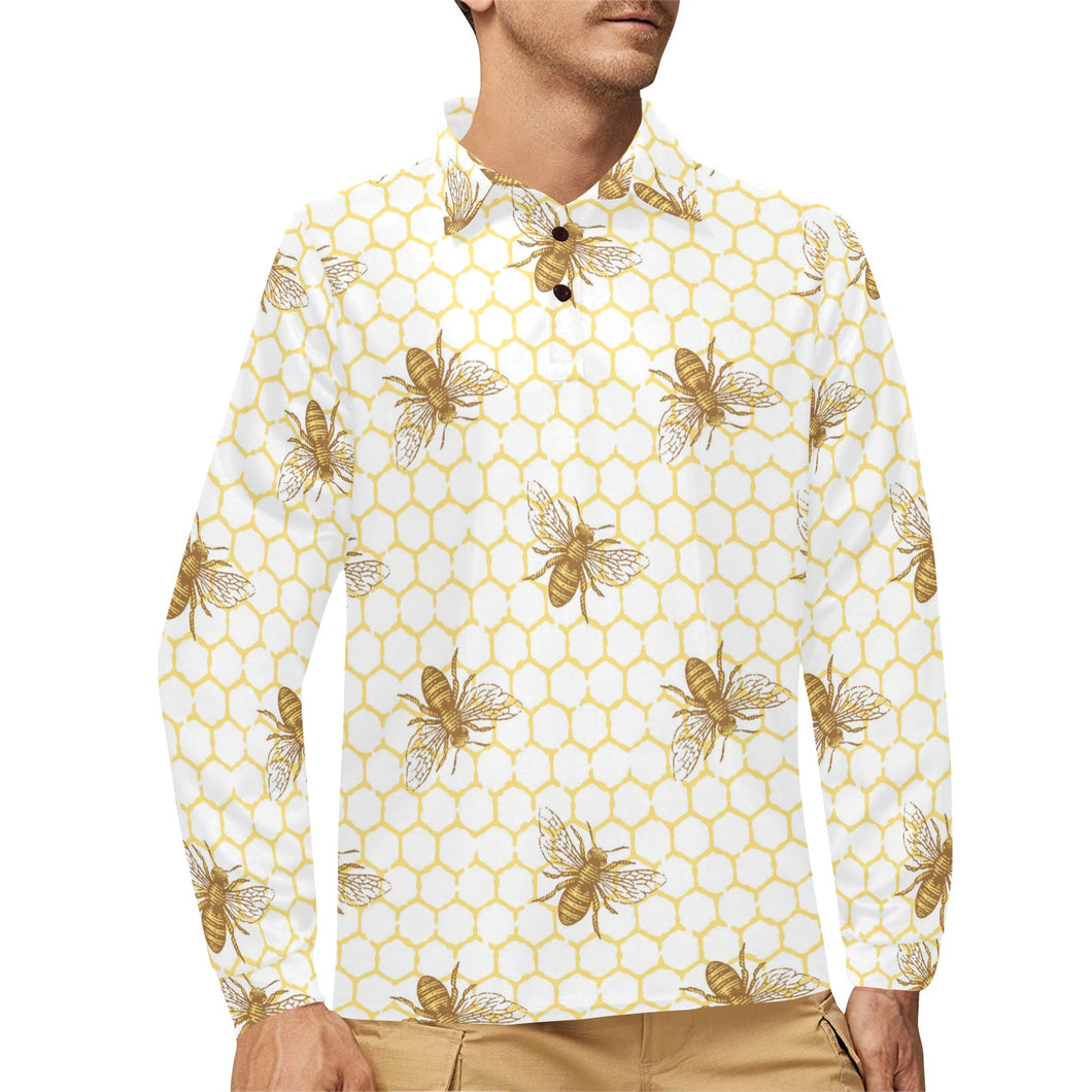 Bee honeycomb seamless design pattern Men's Long Sleeve Polo Shirt