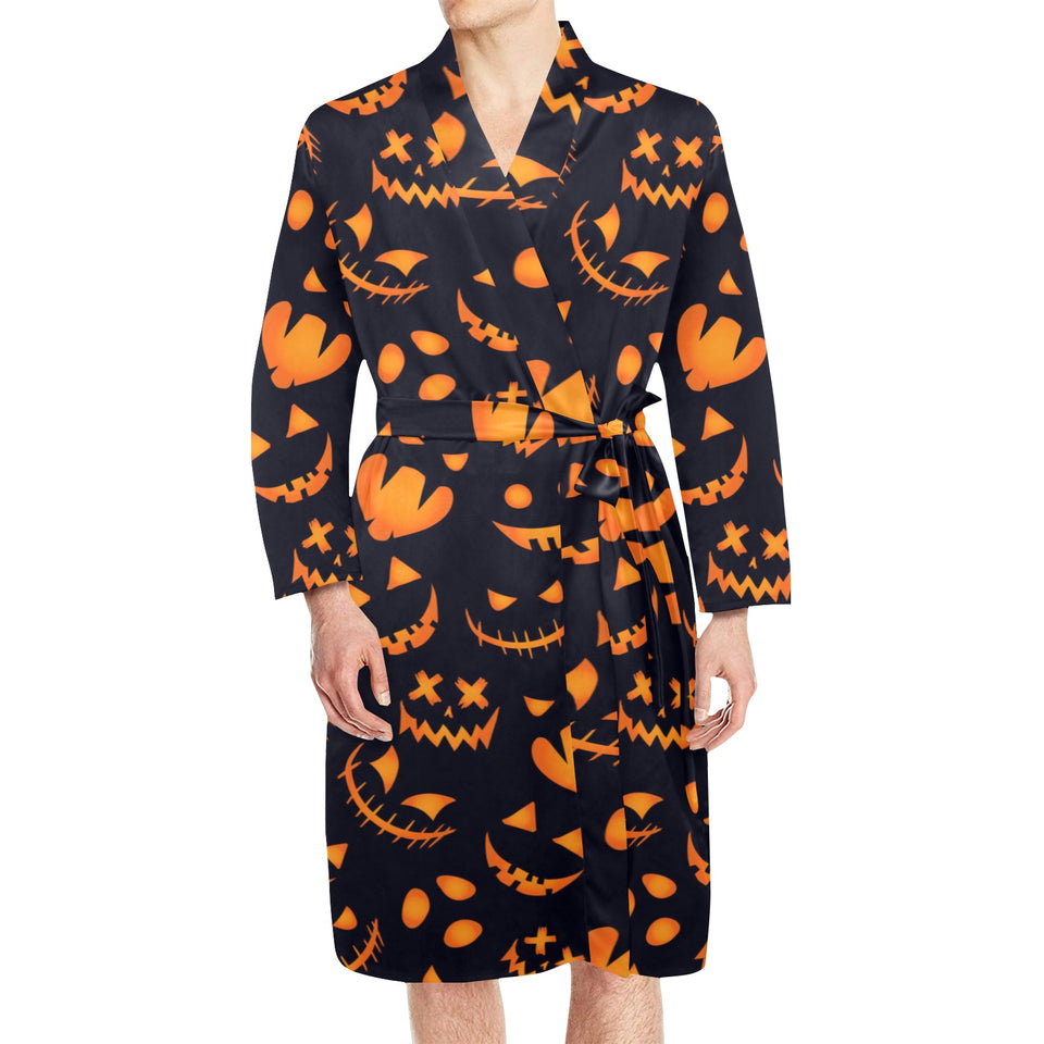Halloween pattern Pumpkin background Men's Long Sleeve Belted Night Robe