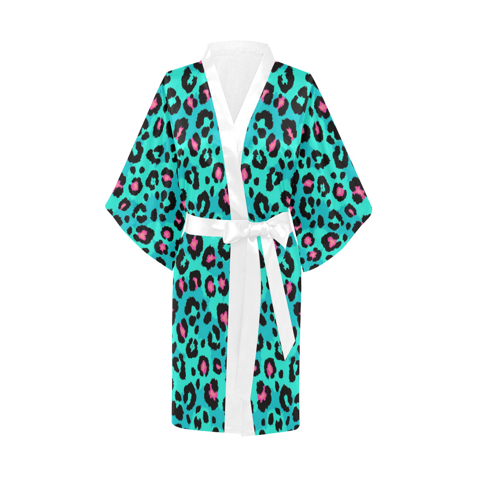 Green leopard skin print pattern Women's Short Kimono Robe