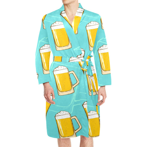 Beer pattern green background Men's Long Sleeve Belted Night Robe