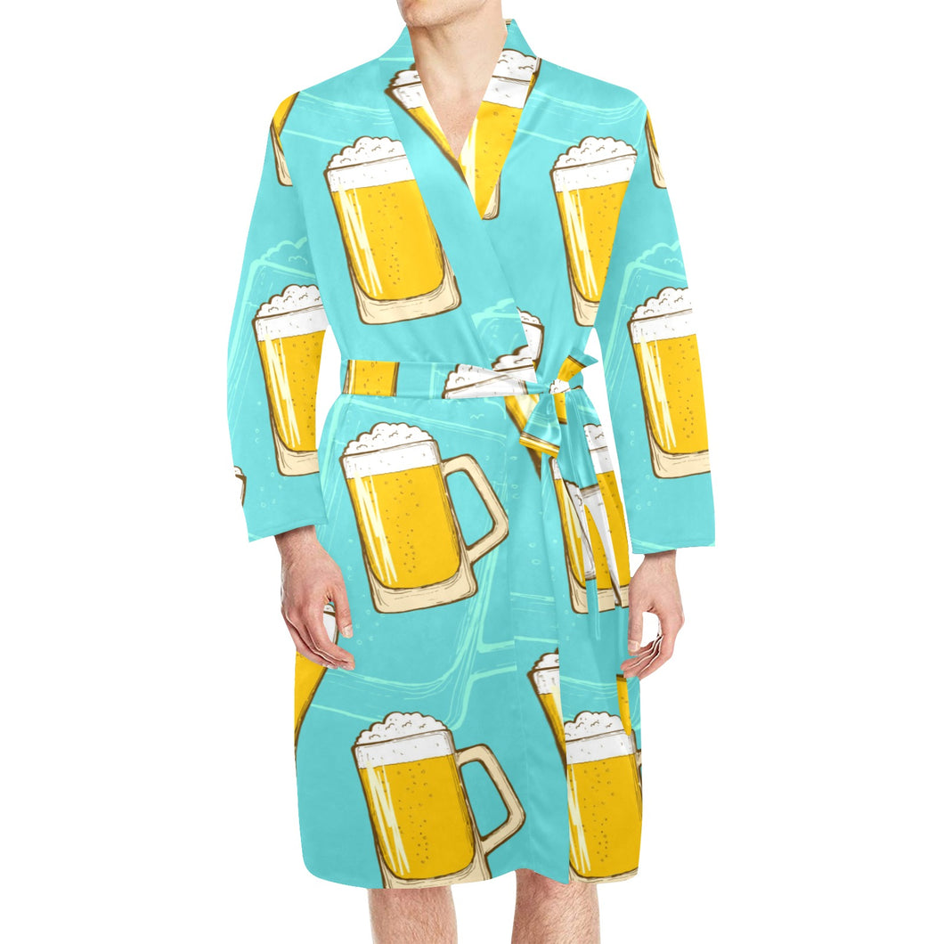 Beer pattern green background Men's Long Sleeve Belted Night Robe