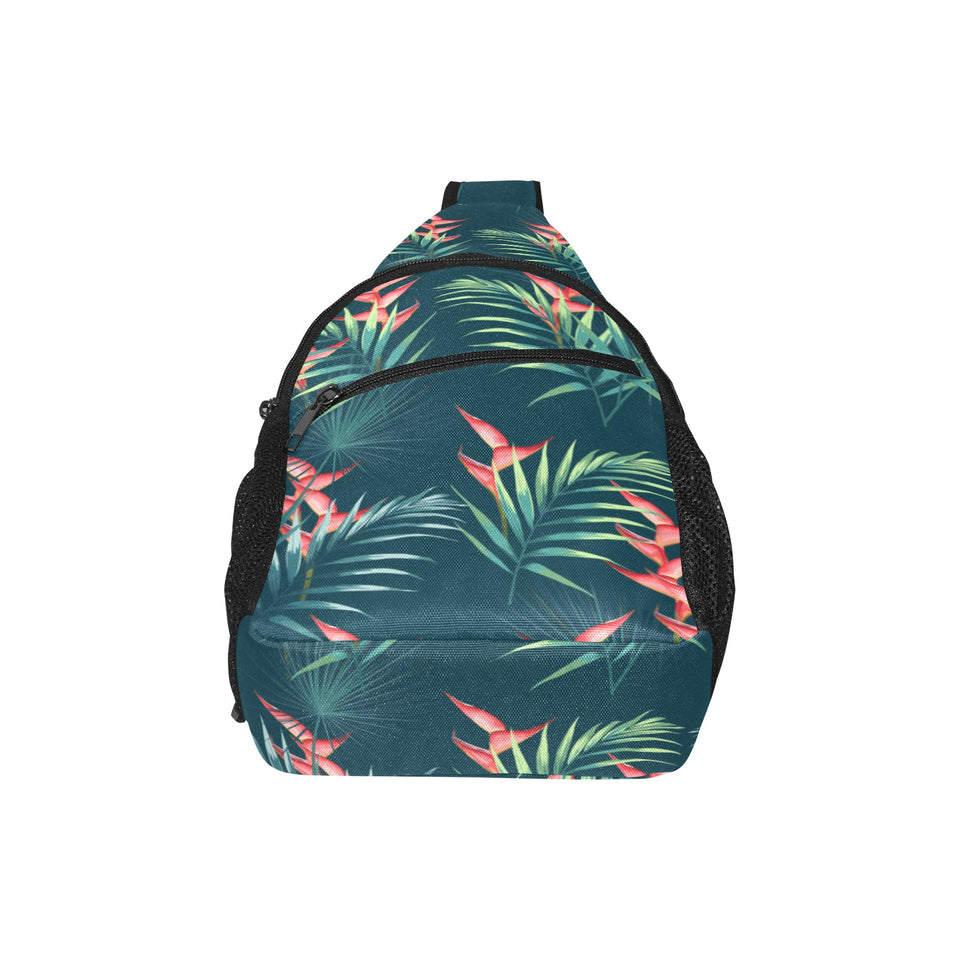 heliconia flowers, palm and monstera leaves on bla All Over Print Chest Bag