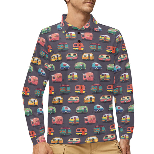 Camper Van Pattern Print Design 02 Men's Long Sleeve Polo Shirt