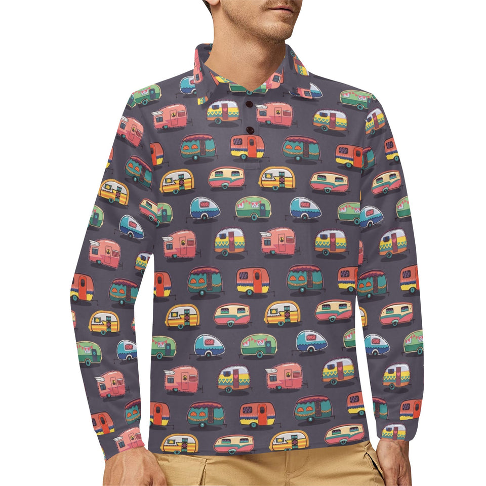 Camper Van Pattern Print Design 02 Men's Long Sleeve Polo Shirt