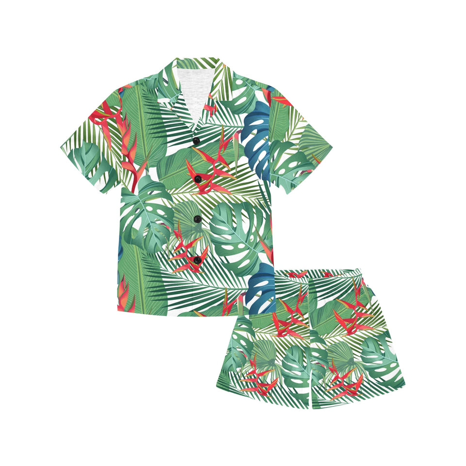 heliconia palm and monstera  leaves pattern Kids' Boys' Girls' V-Neck Short Pajama Set