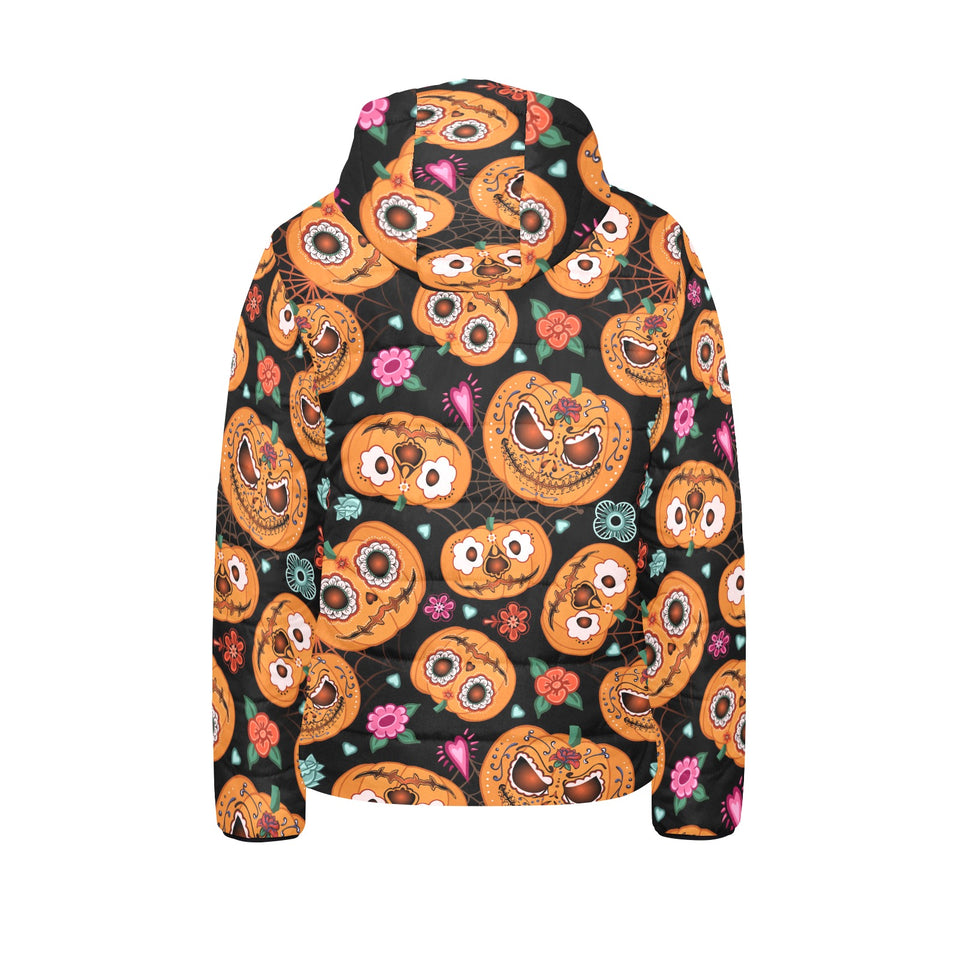 Pumpkin flowers spiderweb Halloween theme Kids' Boys' Girls' Padded Hooded Jacket