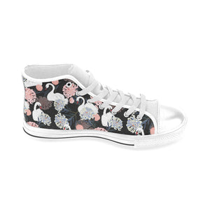 white swan blooming flower pattern Men's High Top Canvas Shoes White