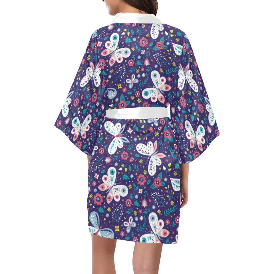 Colorful butterfly flower pattern.eps Women's Short Kimono Robe