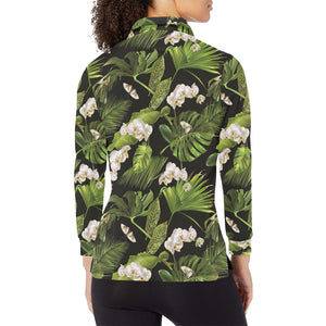 White orchid flower tropical leaves pattern blackg Women's Long Sleeve Polo Shirt