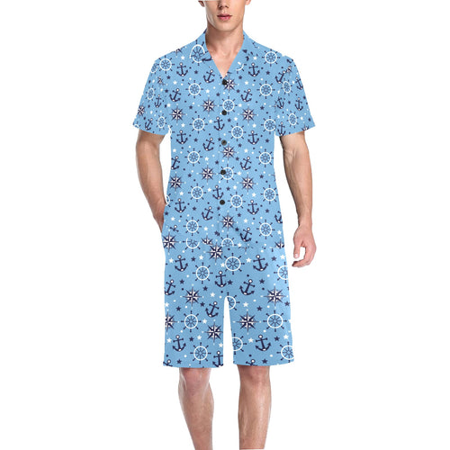 Anchors rudder compass star nautical pattern Men's V-Neck Short Pajama Set