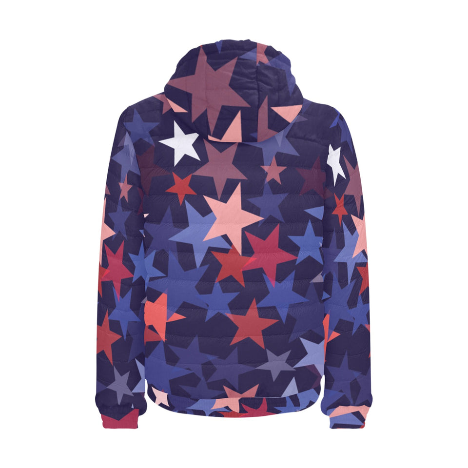 Red blue star pattern Men's Padded Hooded Jacket