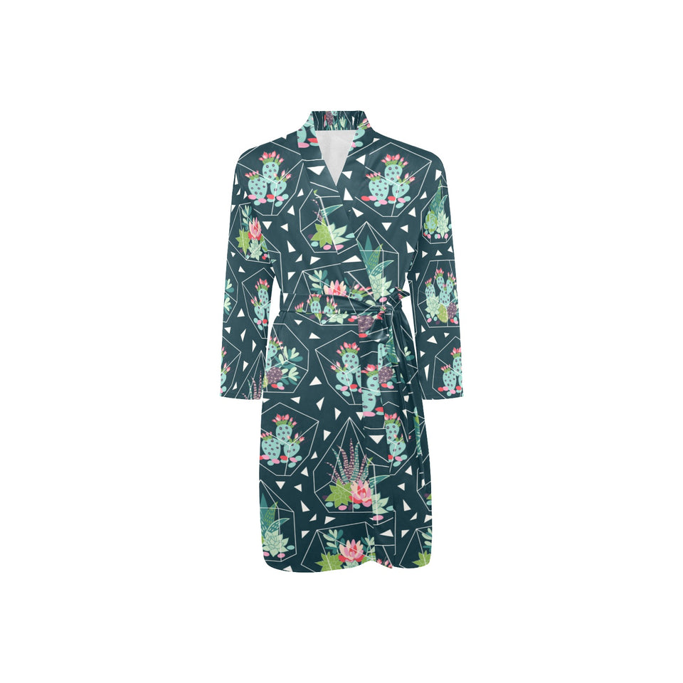 Cactus glass terrarium pattern Men's Long Sleeve Belted Night Robe
