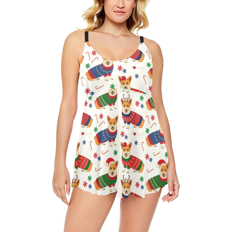 Corgi Christmas Pattern Chest Sexy Pleated Two Piece Swim Dress